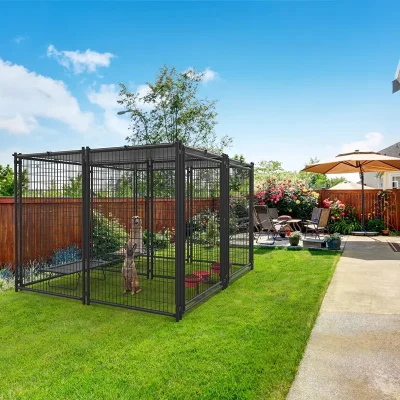 Black Modular Welded Mesh Dog Fence Panel in Yard