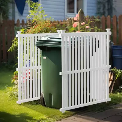 White Outdoor Vinyl Privacy Screen 3 Rail PVC Privacy Fence for trash can